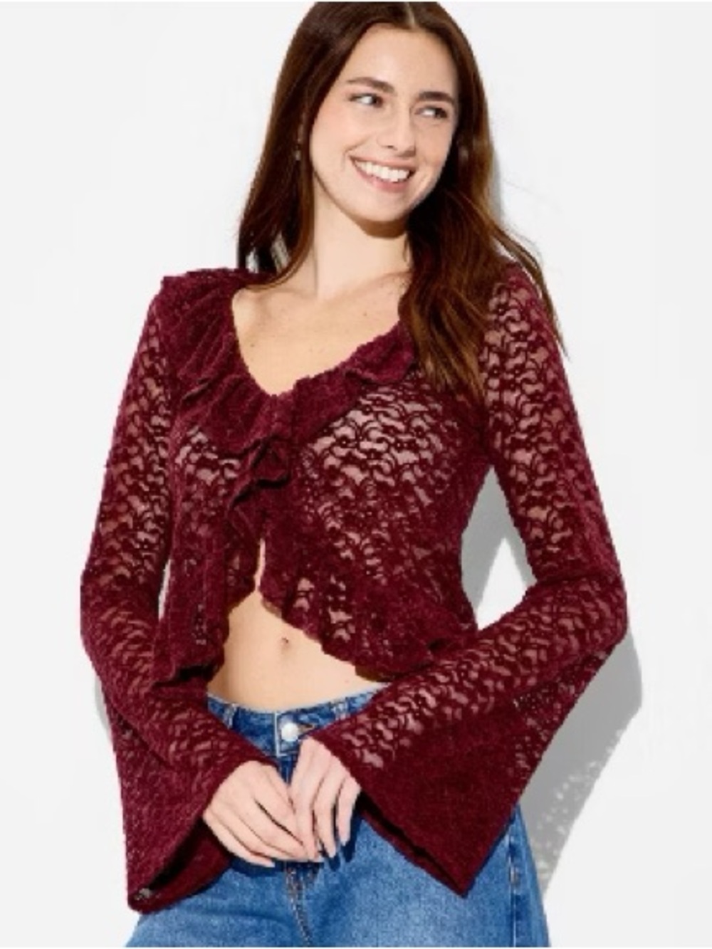Wild Fable Women's Long Sleeve V-Neck Flyaway Brushed Lace Top, XS - Burgundy